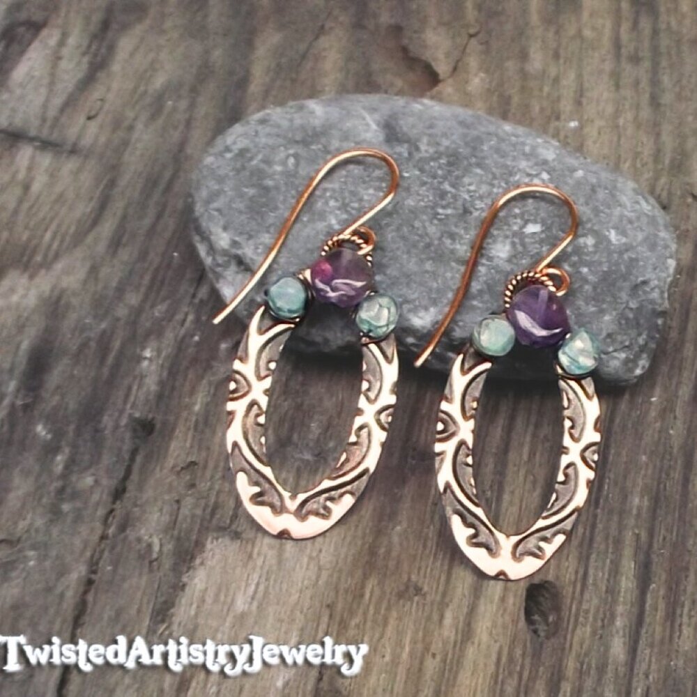 Amethyst and Apatite Oval Hoop Embossed Copper Earrings